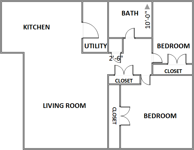 Floor plan for 2 beds, 1 bath, 800 sqft
